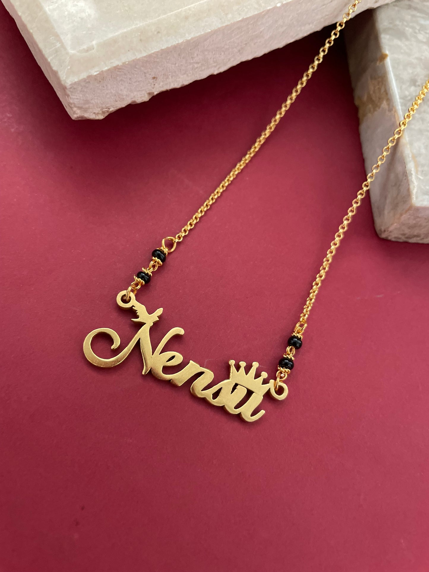 Classic Cursive Name Necklace/Short Mangalsutra With a Bird & Crown