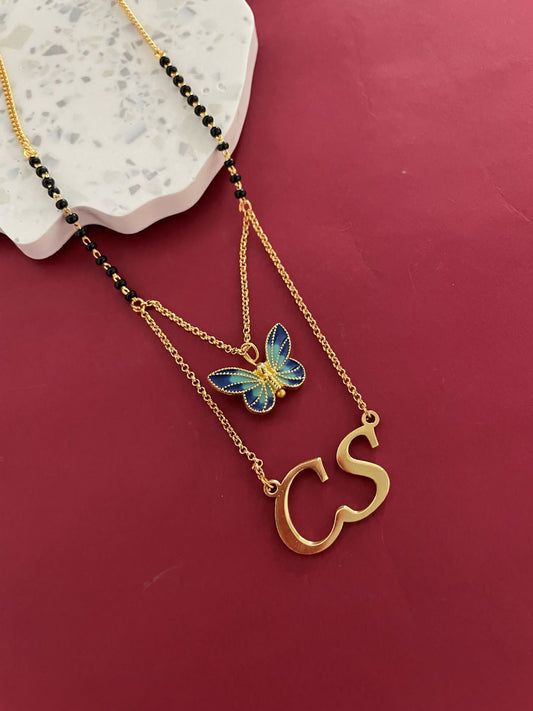 Products Custom 2 Initial Pendant Name Short Mangalsutra Necklace With Butterfly Charm(20 Inches)