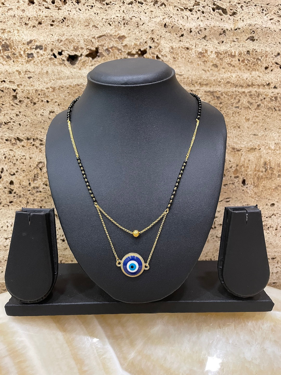Simple Modern Short Mangalsutra Designs Evil Eye Layered Pendant Black Beads Gold Chain