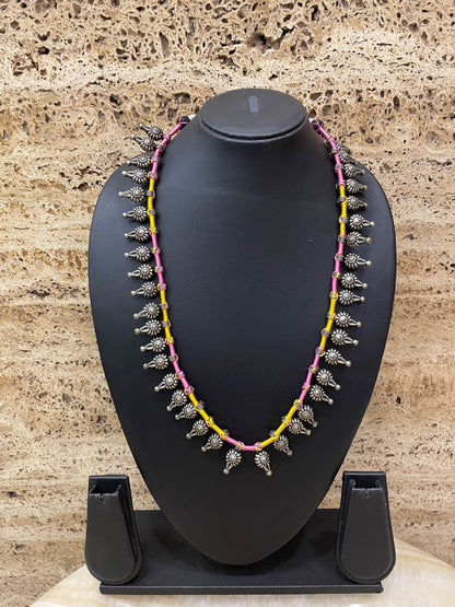 Bohemian Oxidised Silver Necklace With Floral Pendents in Pink and Yellow Cord Adjustable