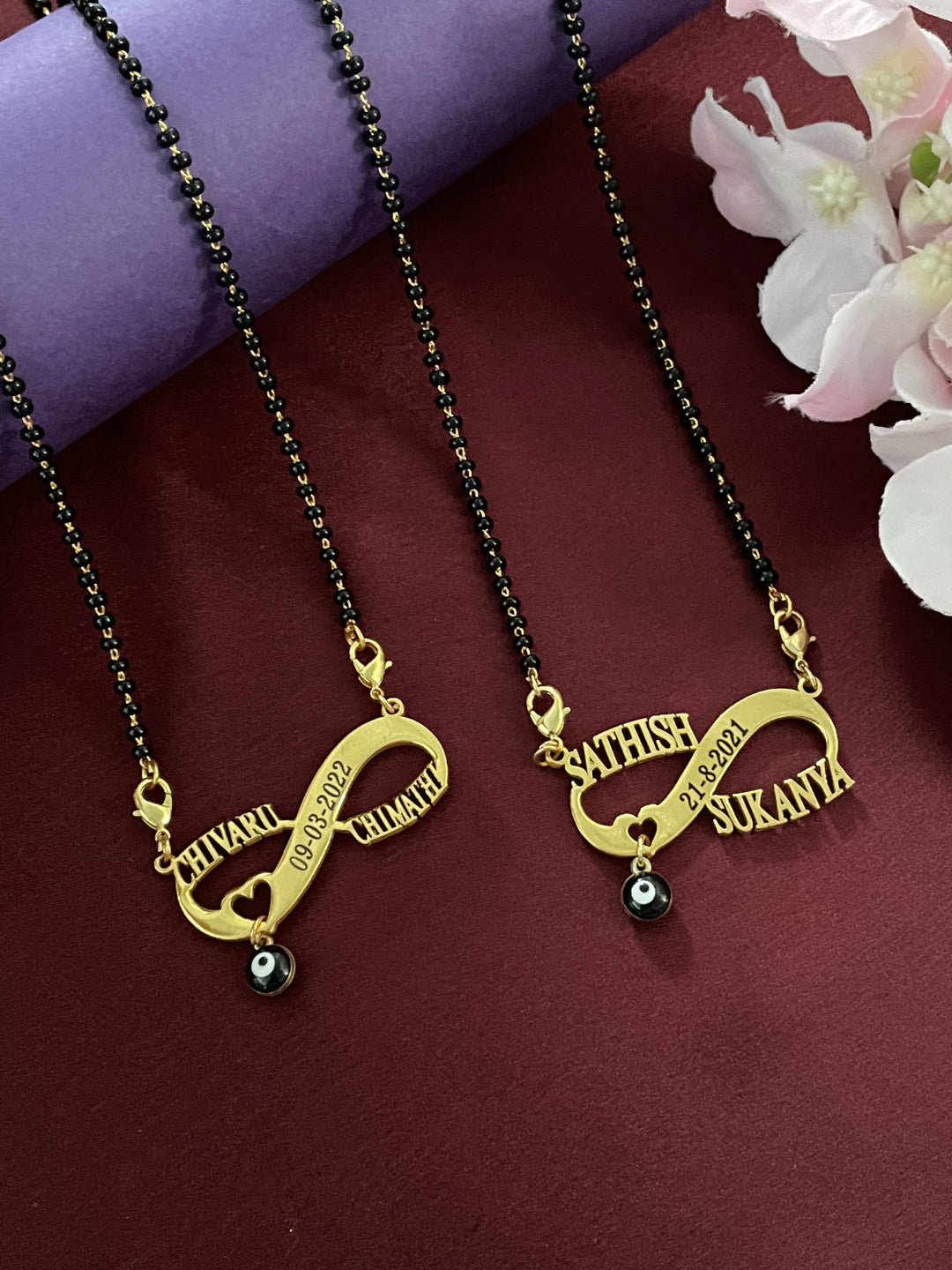 Personalized Two Names Date & Heart With Evil Eye Infinity Long Mangalsutra