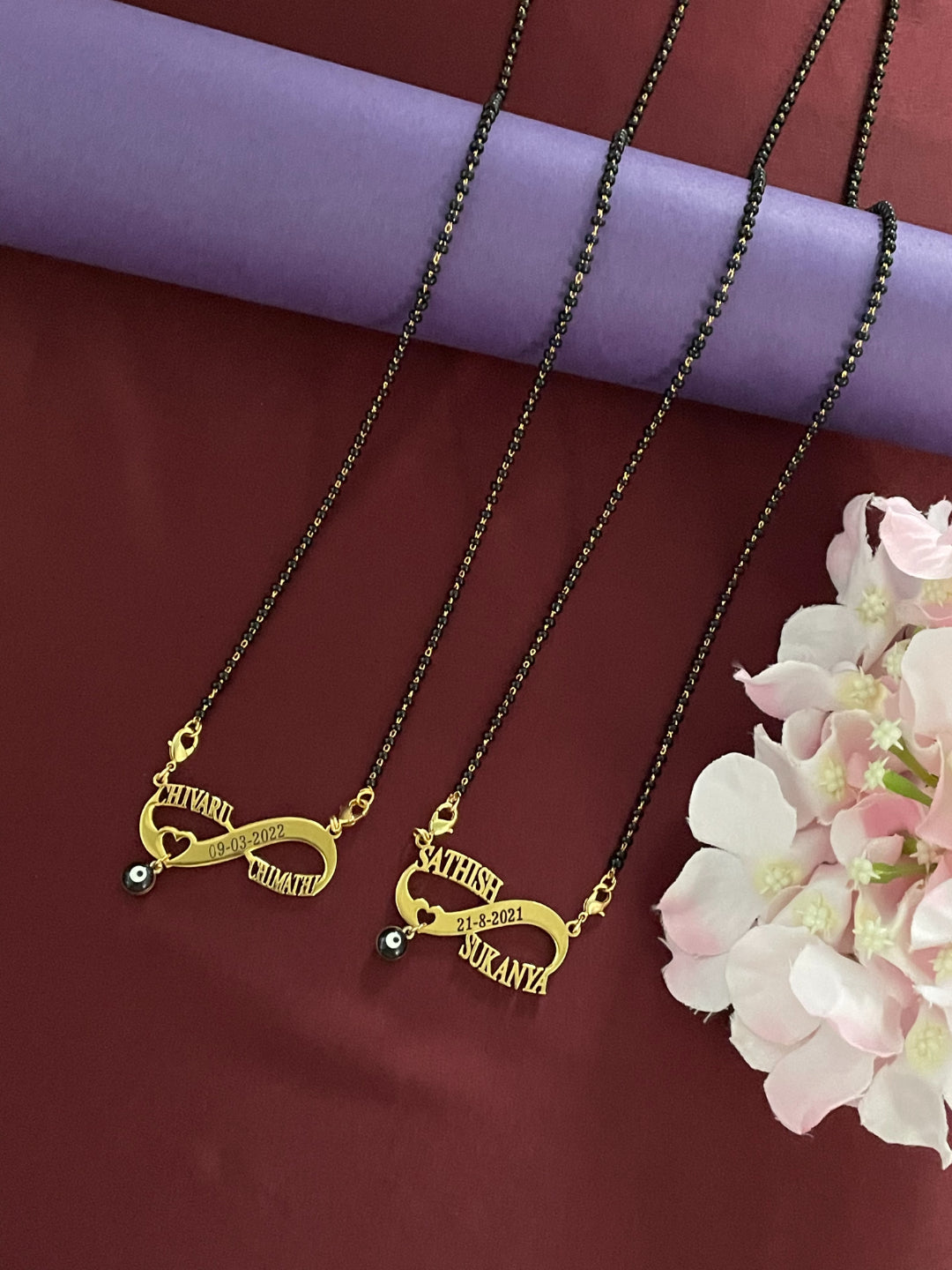 Personalized Two Names Date & Heart With Evil Eye Infinity Long Mangalsutra