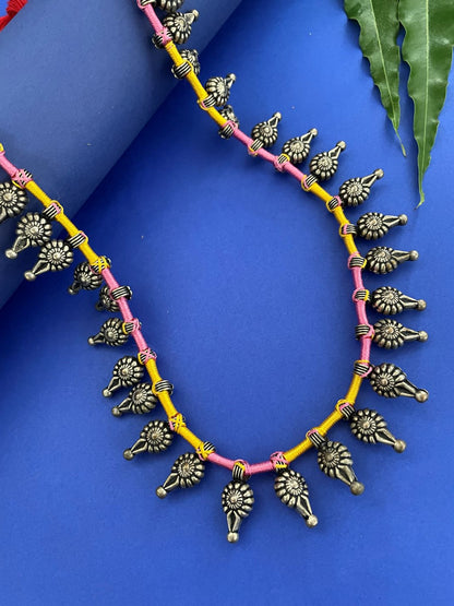Tribal/Banjara Oxidised Silver Necklace With Floral Pendents in Pink and Yellow Cord Adjustable