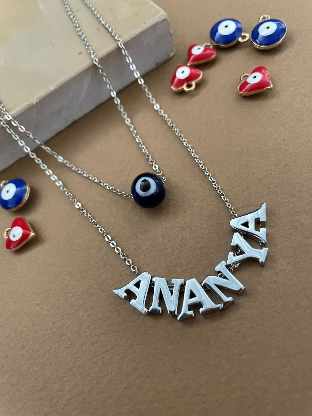 Silver-Plated Custom Name Necklace With a Evil EyeCharm