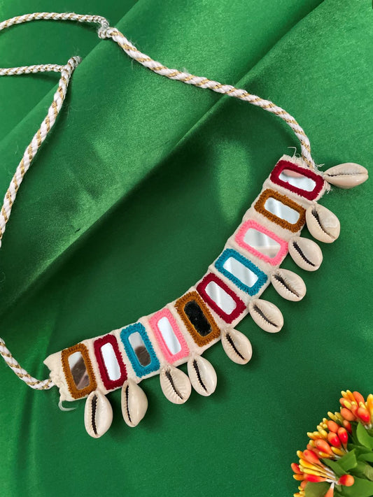 Beige Embroidery Mirror Work Banjara Choker Necklace With Sea Shells