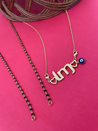 Custom Letter Necklace With 2 Initials 2 Hearts And A Blue Evil Eye