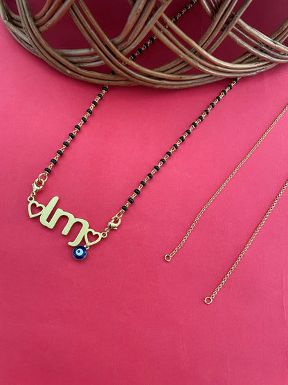 Custom Letter Short Mangalsutra With 2 Initials 2 Hearts And A Blue Evil Eye
