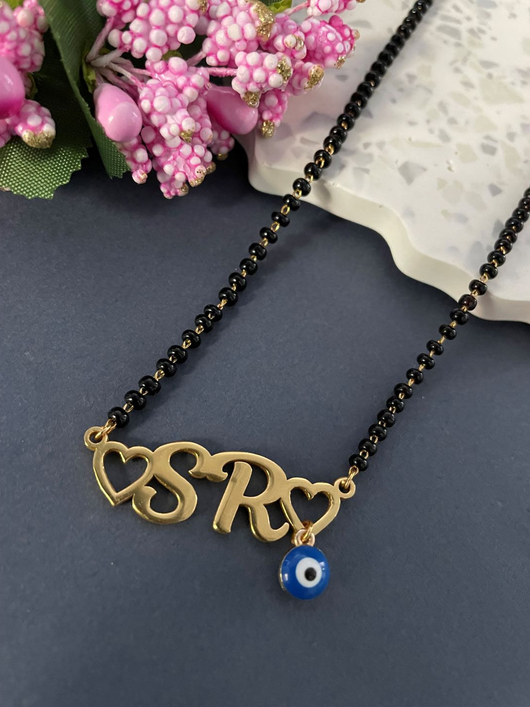 Custom Capital Letter Necklace/Short Mangalsutra With 2 Initials & Evil Eye