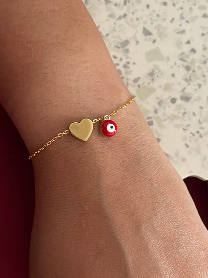 Gold Plated Heart Bracelet with Red Evil Eye Charm