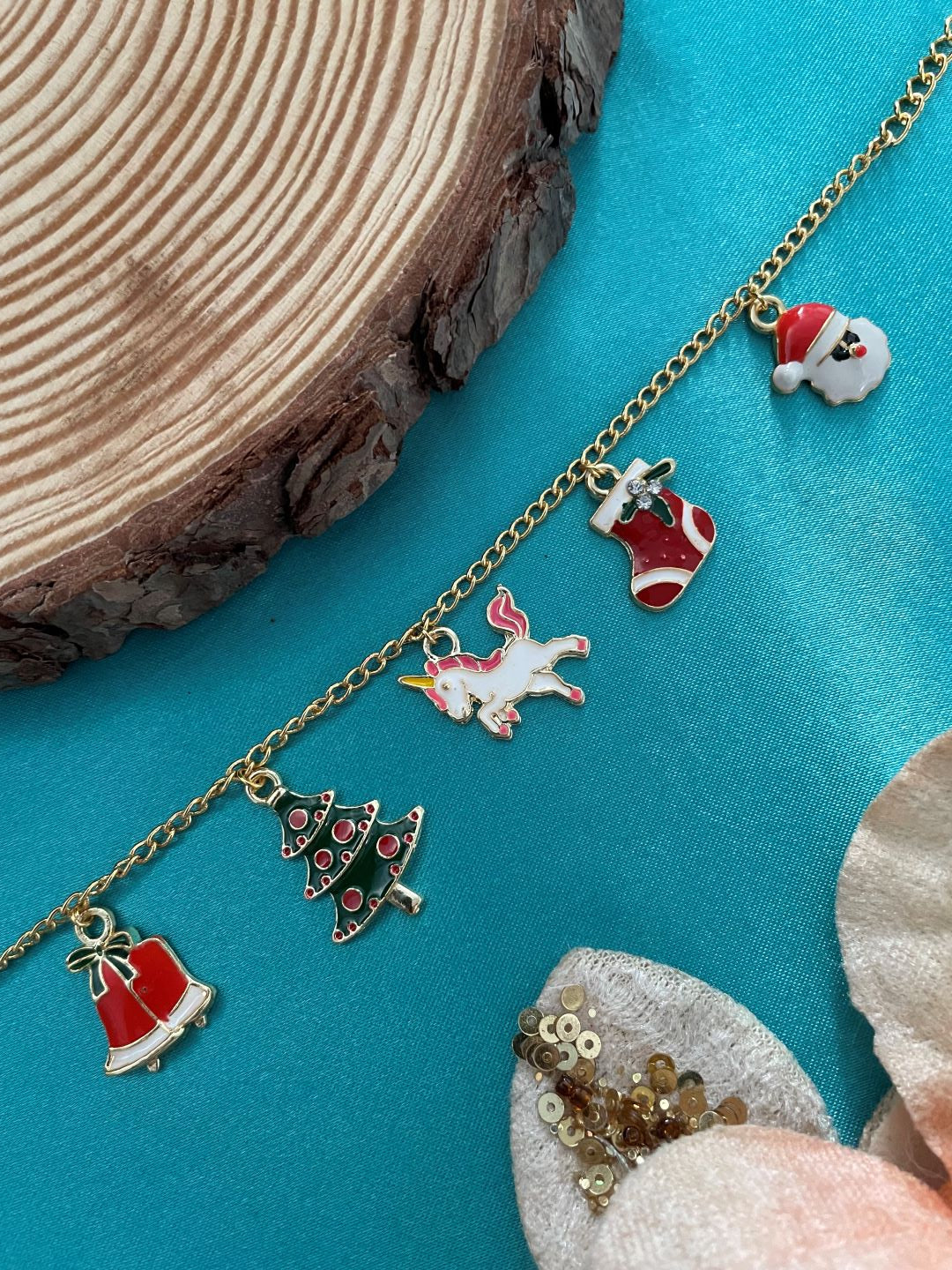 Christmas Gold Bracelet with Charms Snowman, Unicorn, Christmas Tress,  Bells, Stockings