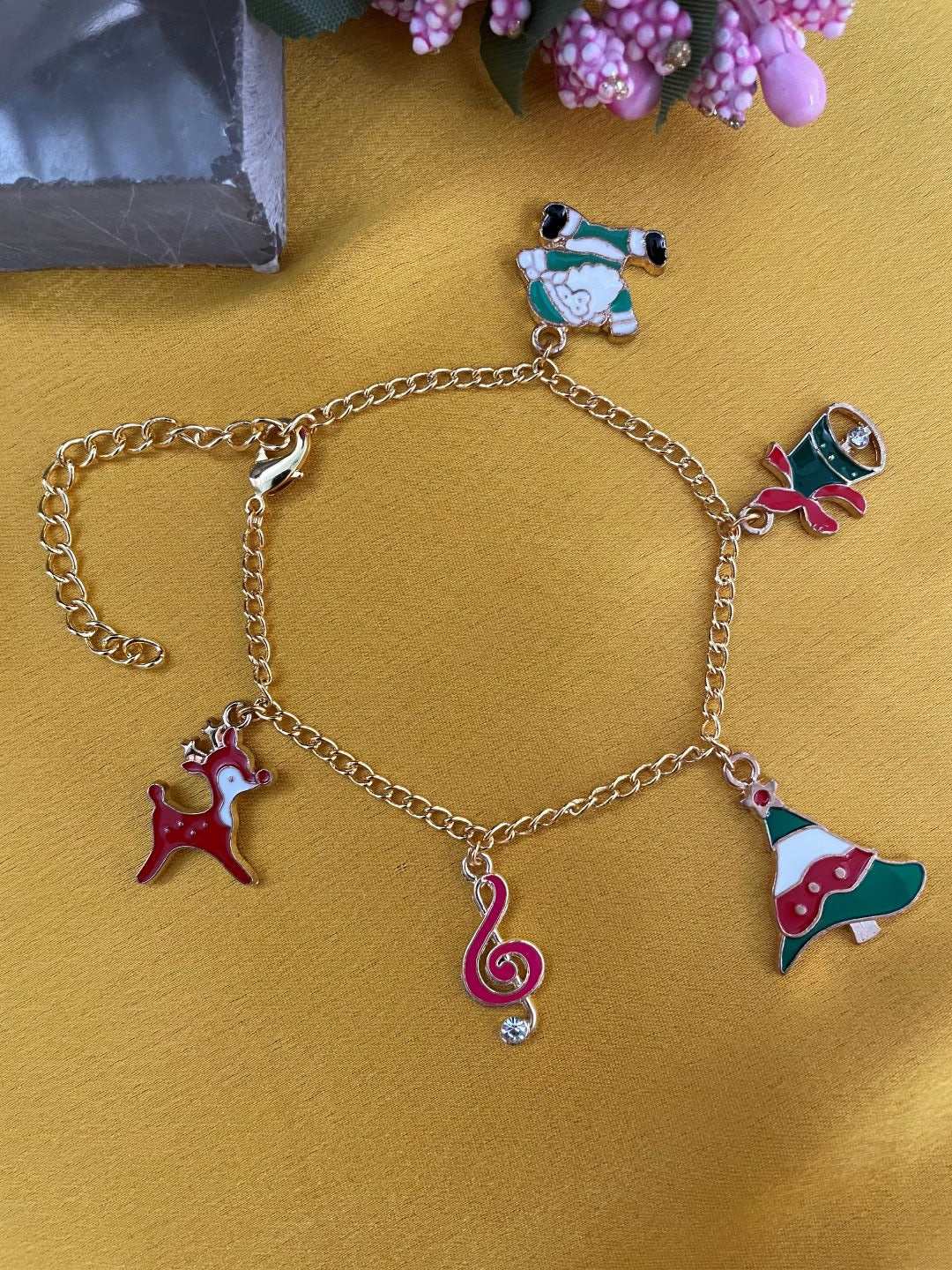 Christmas Gold Bracelet with Charms Snowman,Bells,Christmas Tree,Musical Notes ,Raindeer