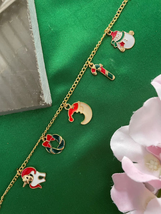 Christmas Gold Bracelet with Charms Snowman, Candy, Unicorn 