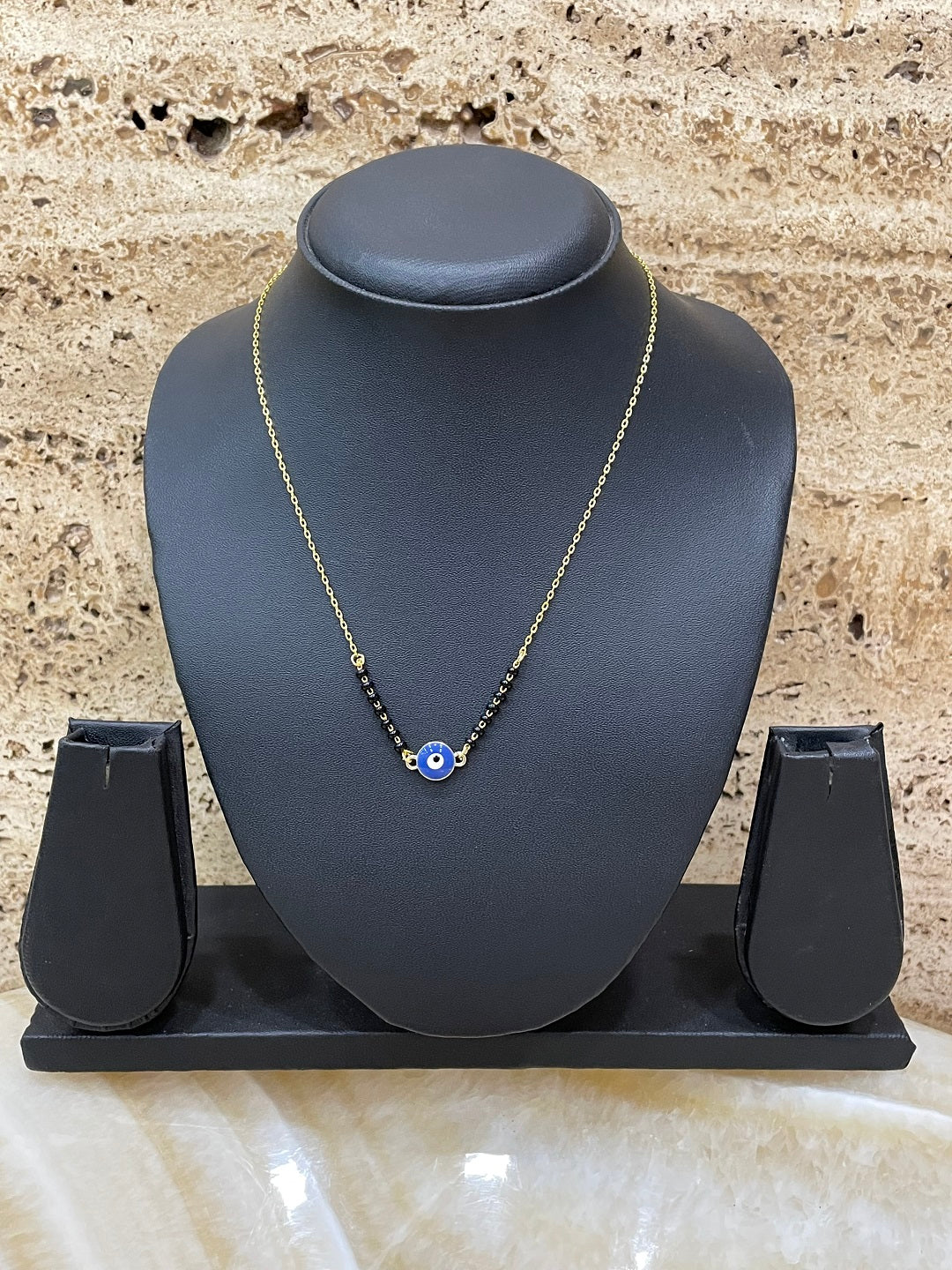 Custom Blue Evil Eye Gold Plated Half Black Beads Chain Mangalsutra