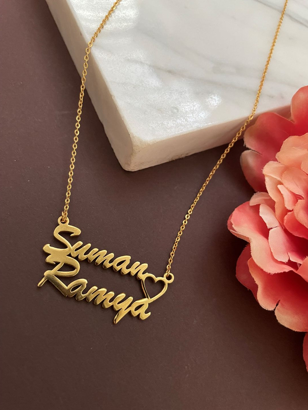 2 Personalized Name Pendent With A Heart In Gold Necklace Chain 