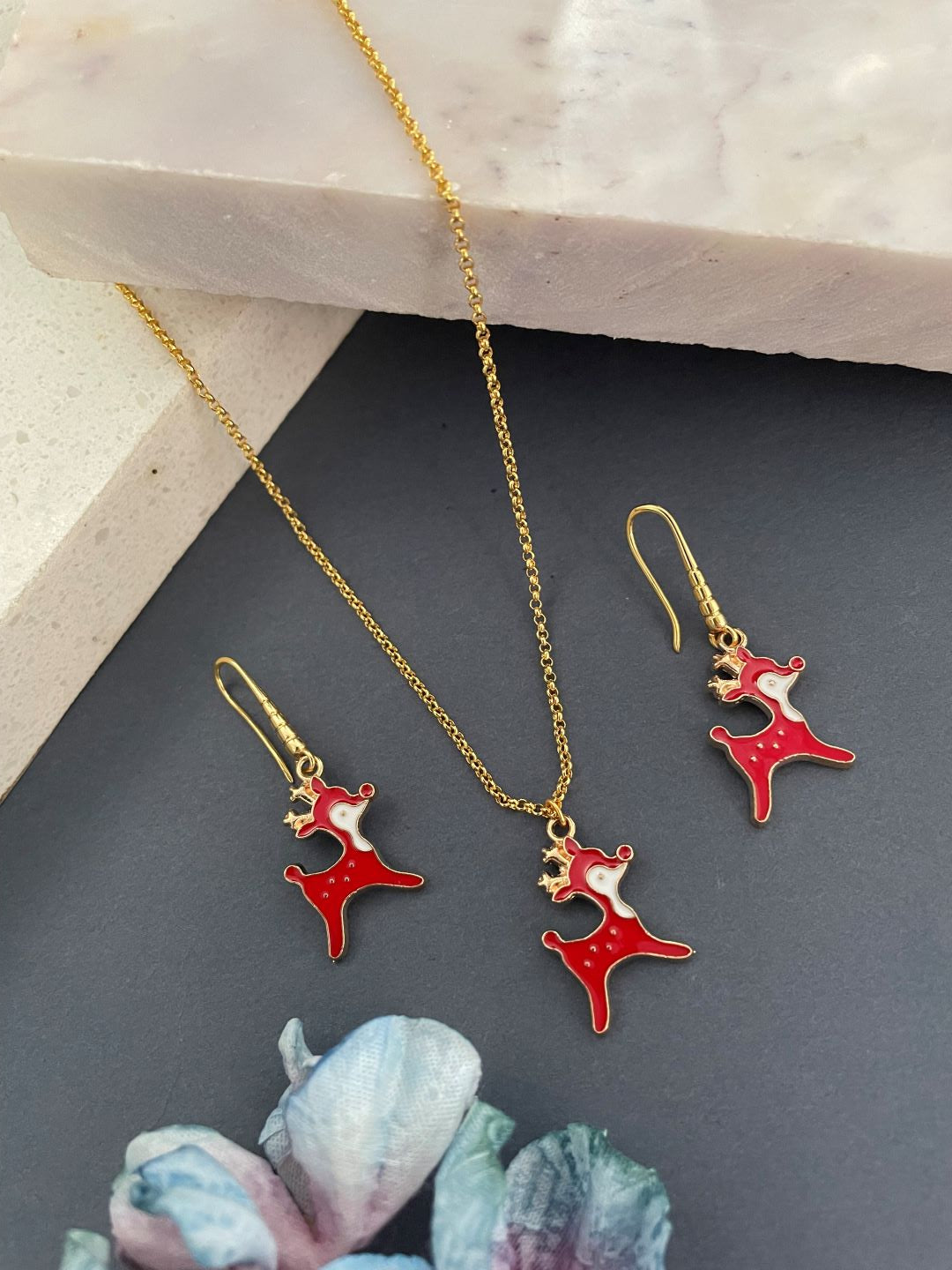 Christmas Red Reindeer Charm Necklace & Earrings