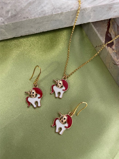 Christmas Unicorn Charm Necklace & Earring set