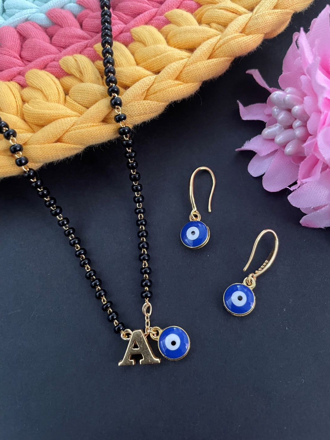 A-Z Letter Short Mangalsutra Evil Eye Designs with Earrings (20 Inches)