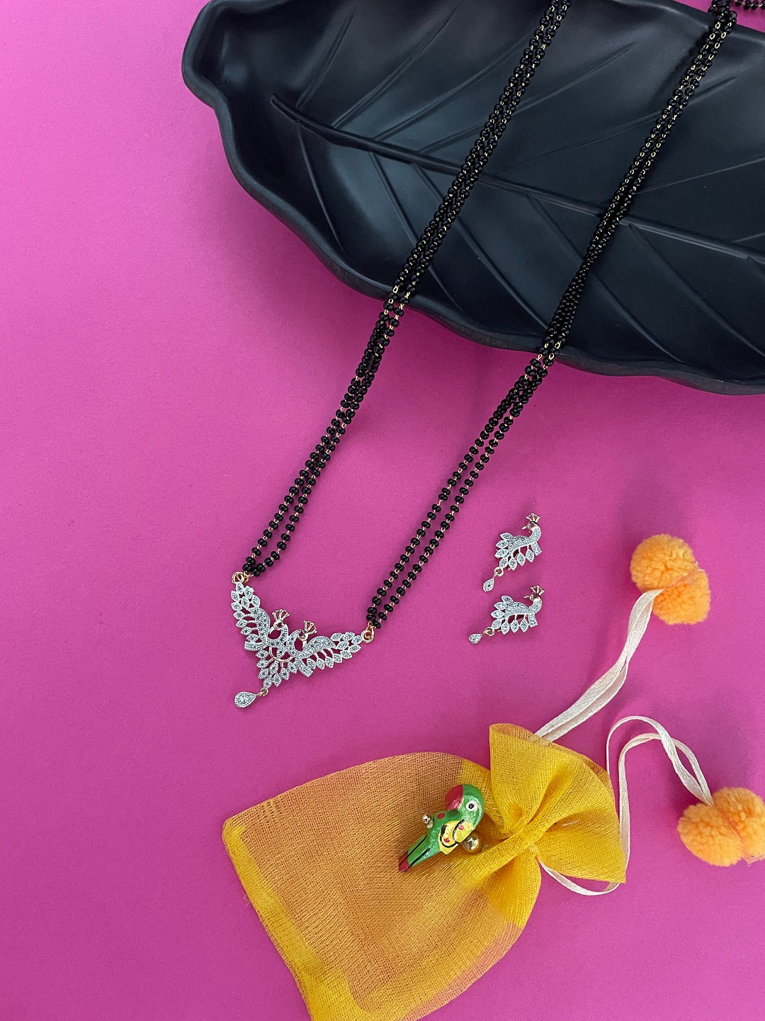 Long Mangalsutra Set With Matching Earrings American Diamond Peacock Pendant Black Beads Chain