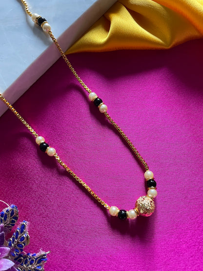 Long Mangalsutra Designs South Indian Style Ball Pendant White And Black Beads Gold Chain