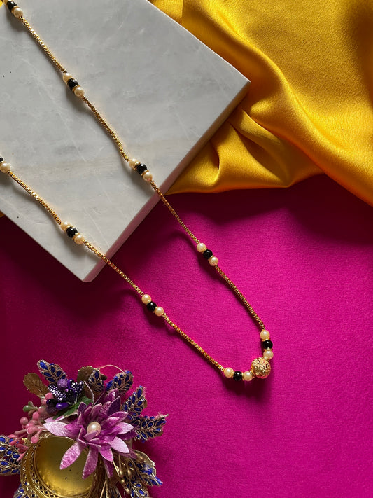 Long Mangalsutra Designs South Indian Style Ball Pendant White And Black Beads Gold Chain