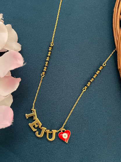 Custom Initial and Red Heart Evil Eye Charm Adjustable Gold Plated Mangalsutra