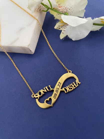 Personalized Two Names Infinity Necklace/Short Mangalsutra, Engraved Date & Heart