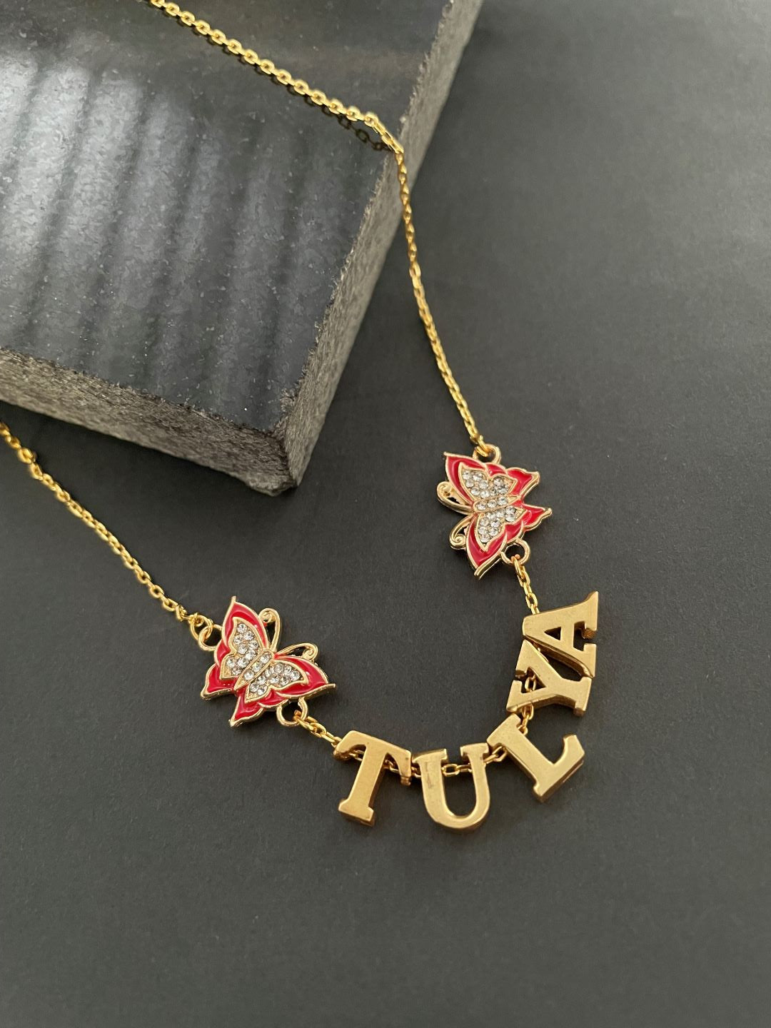Custom Name Gold Plated Chain Designs With Red AD Butterfly Pendant