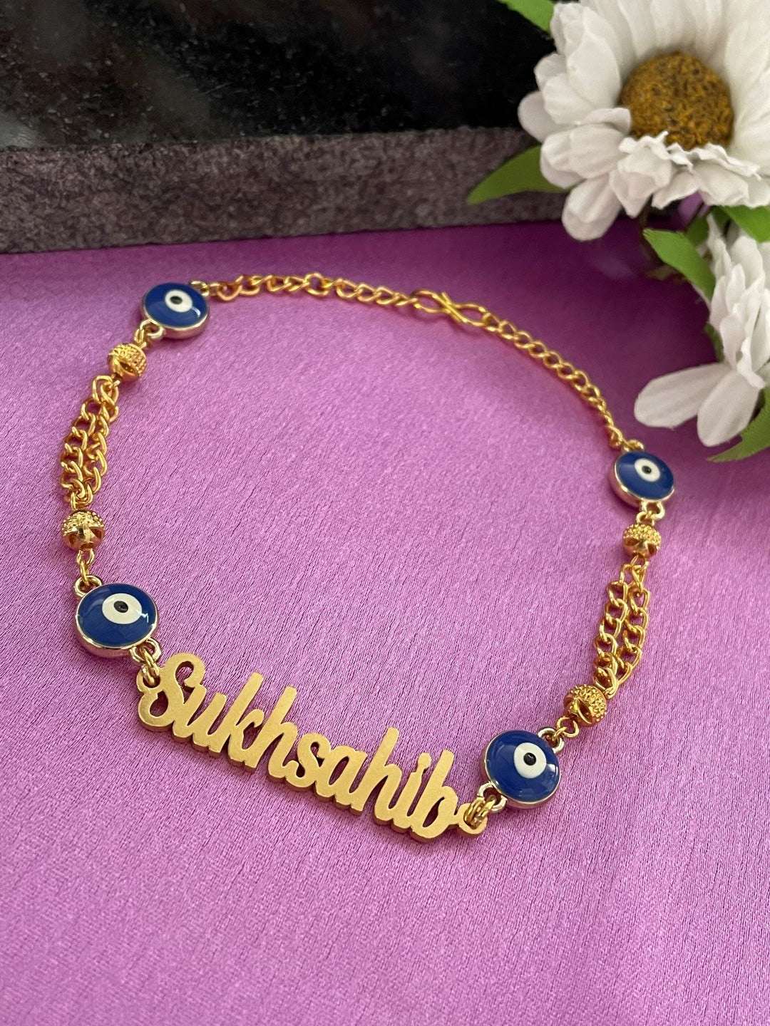 Personalized Name Bracelet in Gold Chain with Evil Eye