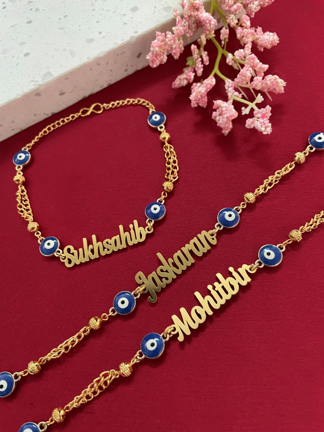 Personalized Name Bracelet in Gold Chain with Evil Eye