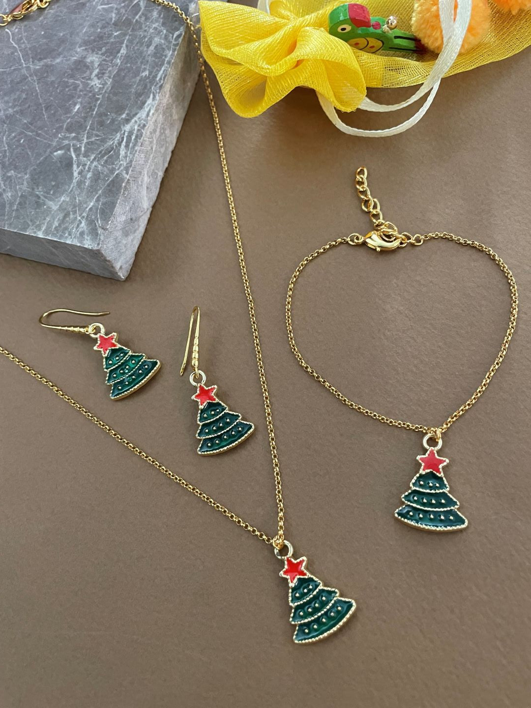 Christmas Tree Pendant Necklace Earring and Bracelet Set