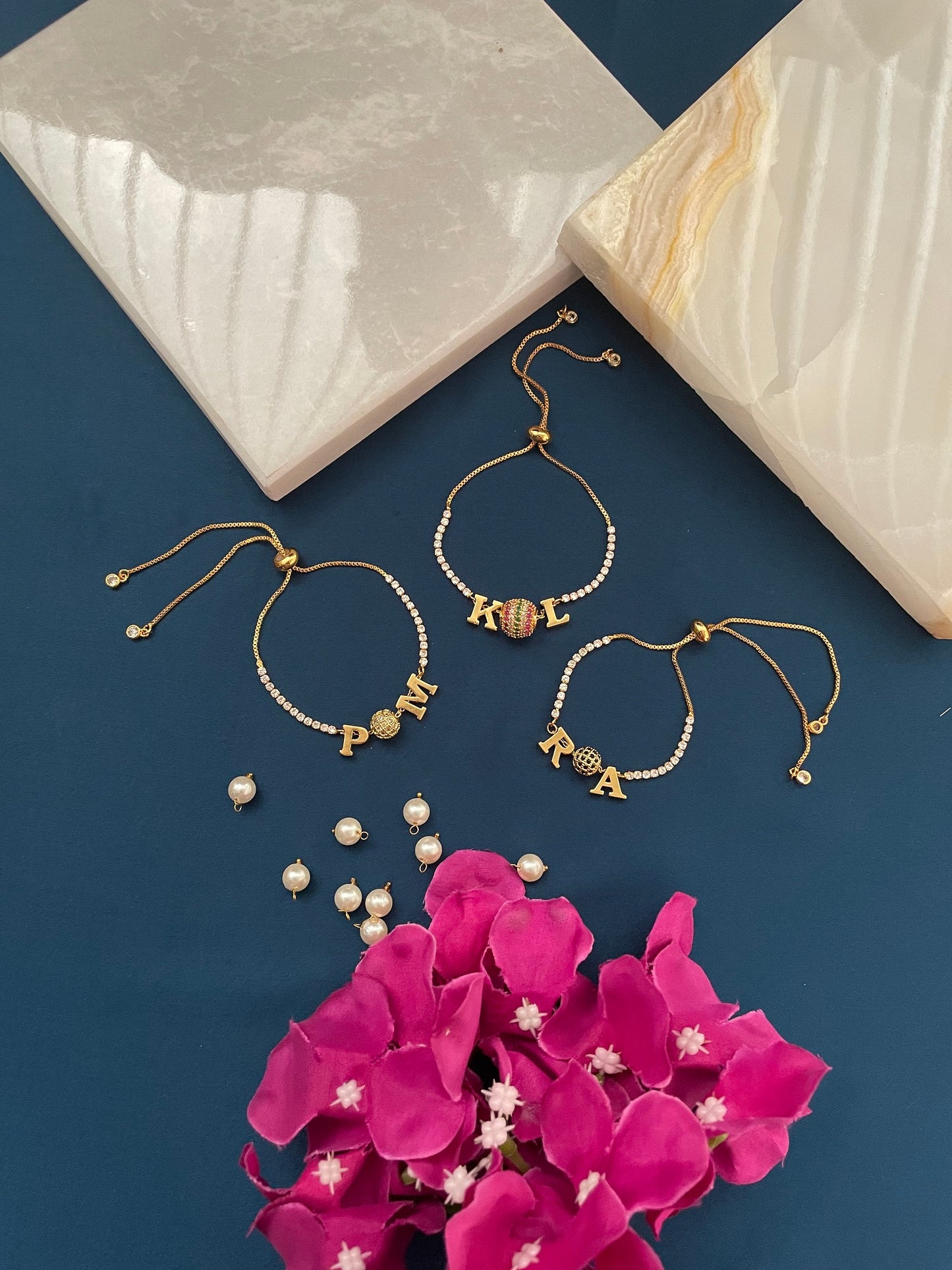 Custom 2 Name Initial Alphabet With AD Ball Gold Plated Bracelets