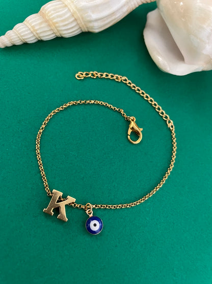 A-Z Letter With Evil Eye Gold Plated Adjustable Bracelet