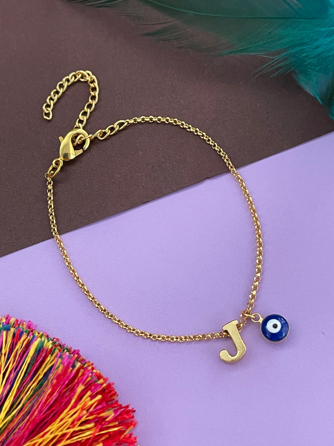 A-Z Letter With Evil Eye Gold Plated Adjustable Bracelet