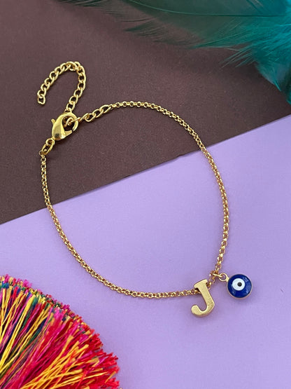 A-Z Letter With Evil Eye Gold Plated Adjustable Bracelet