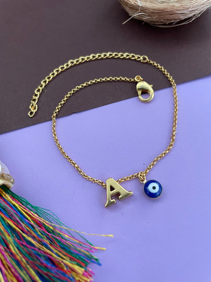 A-Z Letter With Evil Eye Gold Plated Adjustable Bracelet