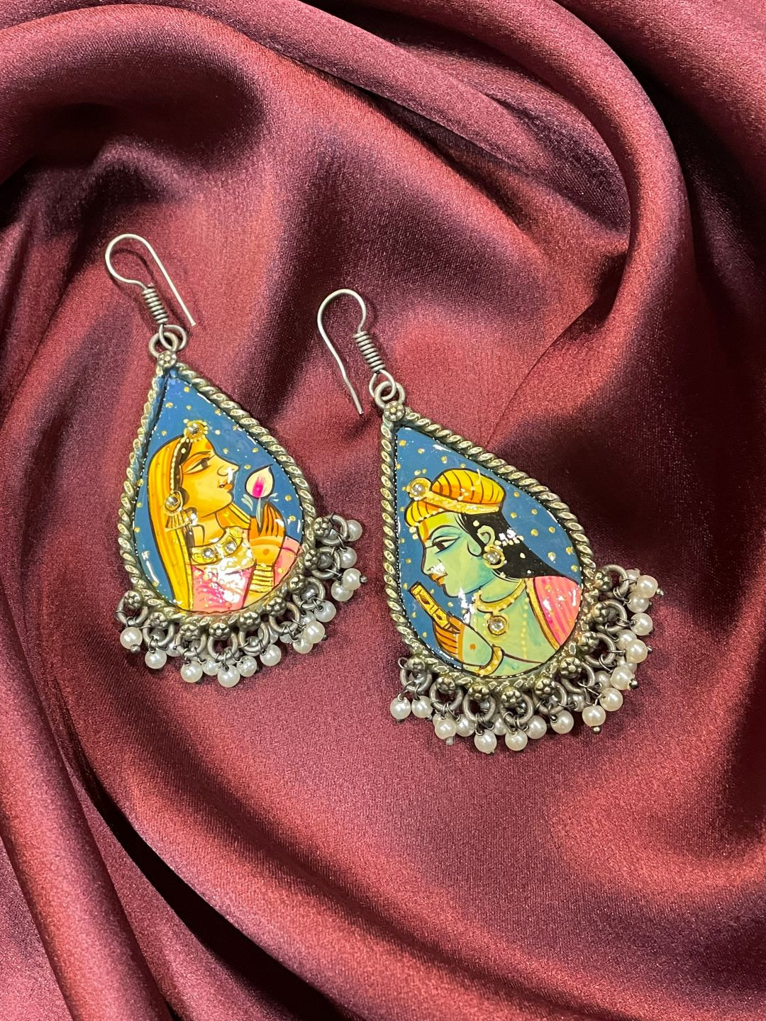 Hand-Painted Silver Plated Radha Krishna Earring with Pearls