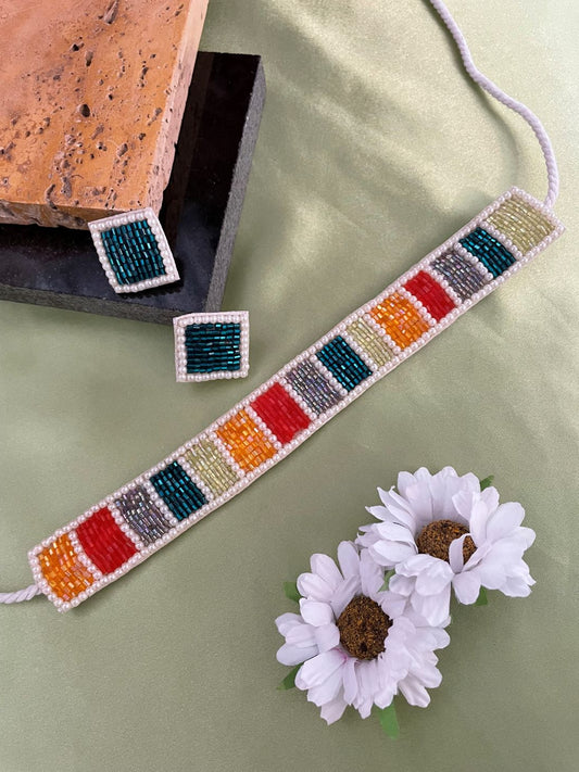 Multi Color Beaded Choker Necklace & Earring Set