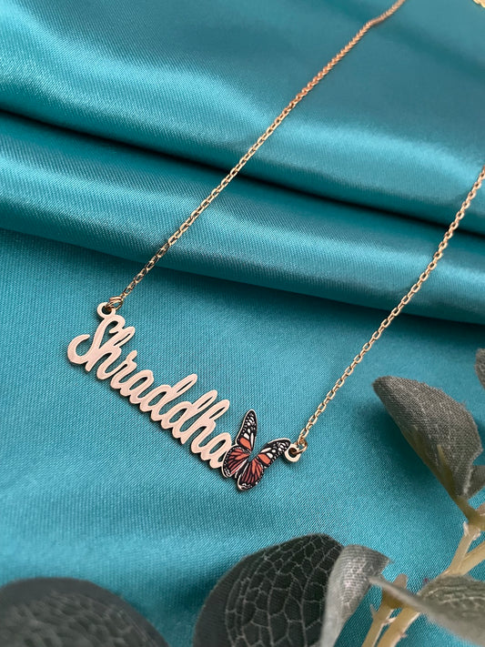 24k Gold Plated Enamel Custom Name Necklace with Monarch Butterfly