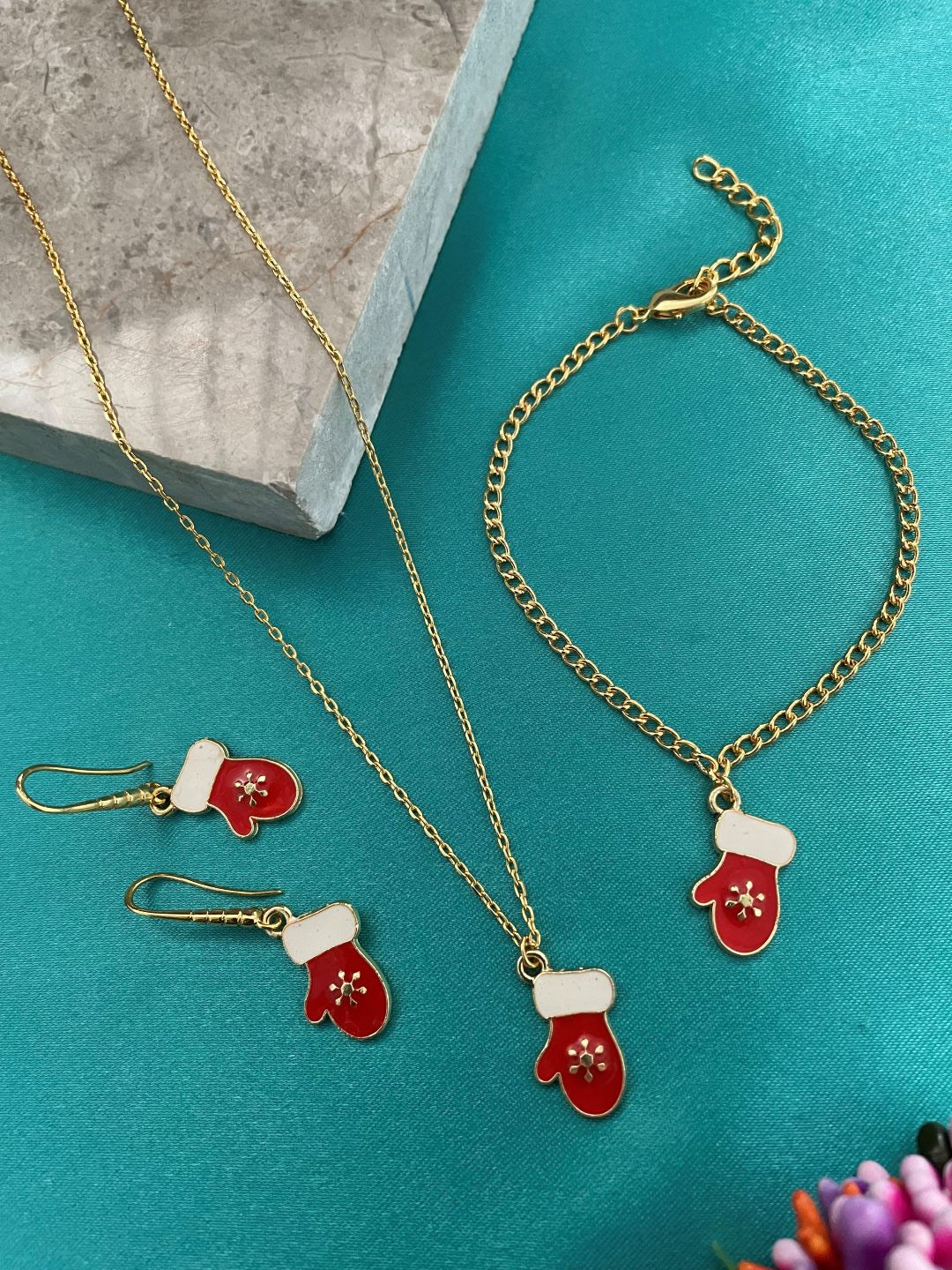 Christmas Santa Hand Glove Pendant Necklace Earring and Bracelet Set