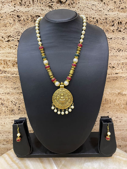Afghani Tibetan  Necklace with Earrings Gold Plate Brass Laxmi Pendent & Red Green & White  Beads