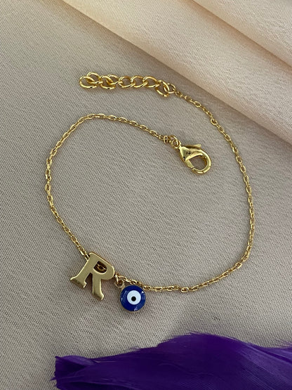 A-Z Letter With Evil Eye Gold Plated Adjustable Bracelet