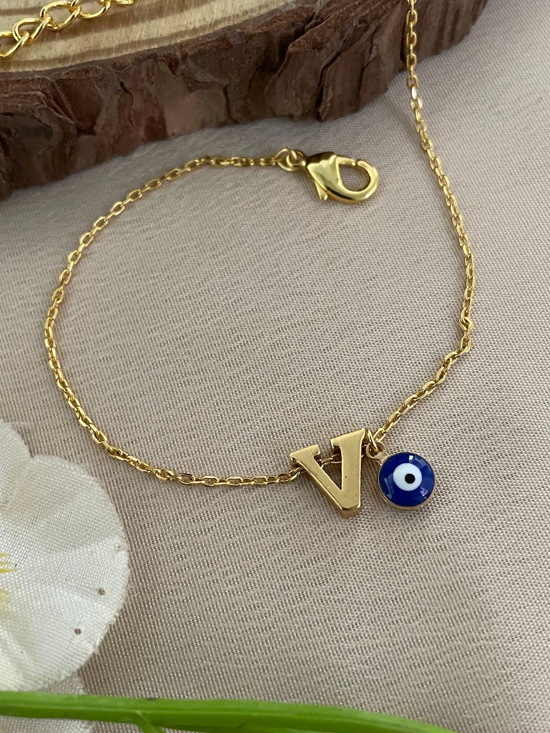 A-Z Letter With Evil Eye Gold Plated Adjustable Bracelet