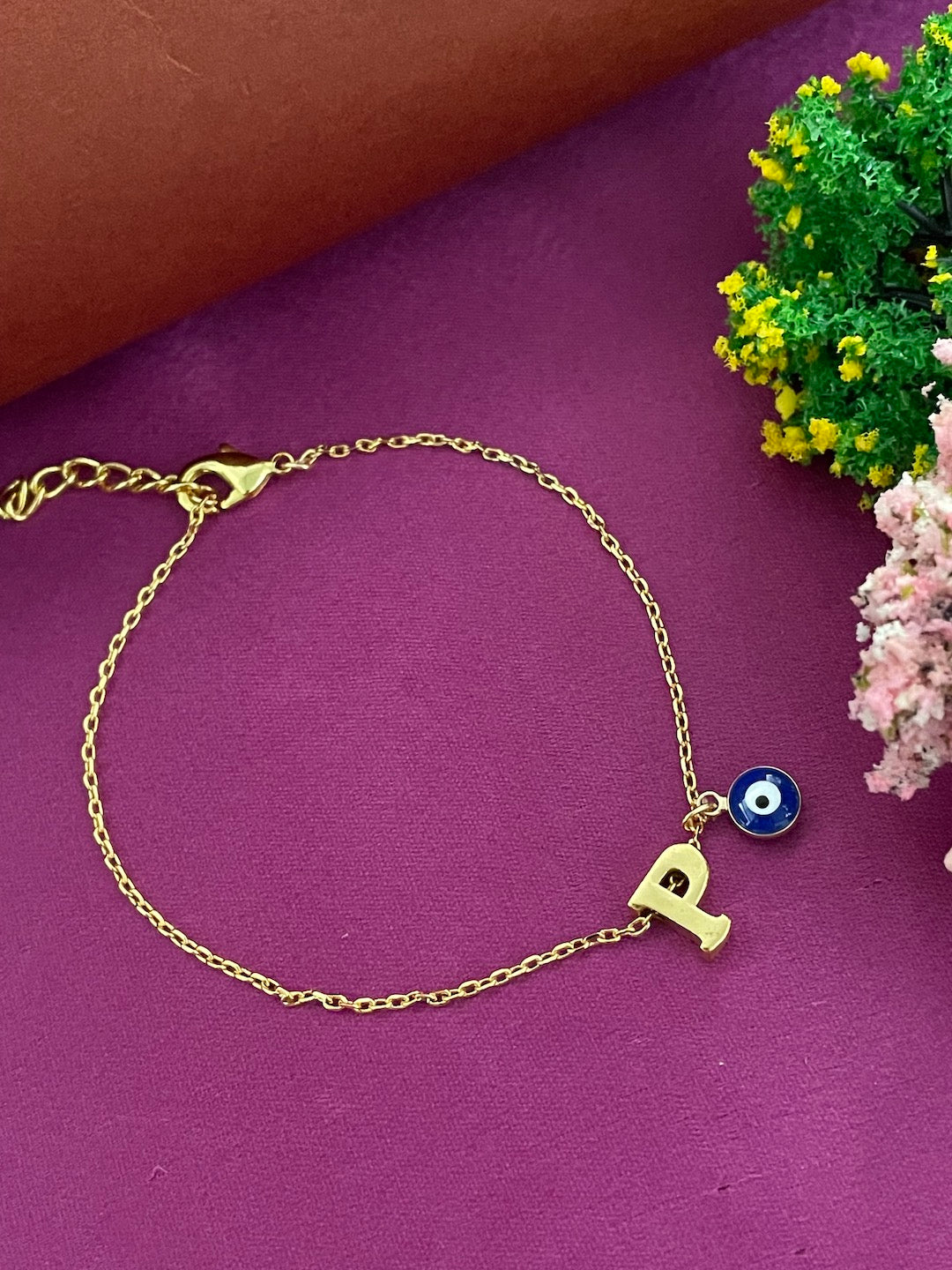 A-Z Letter With Evil Eye Gold Plated Adjustable Bracelet