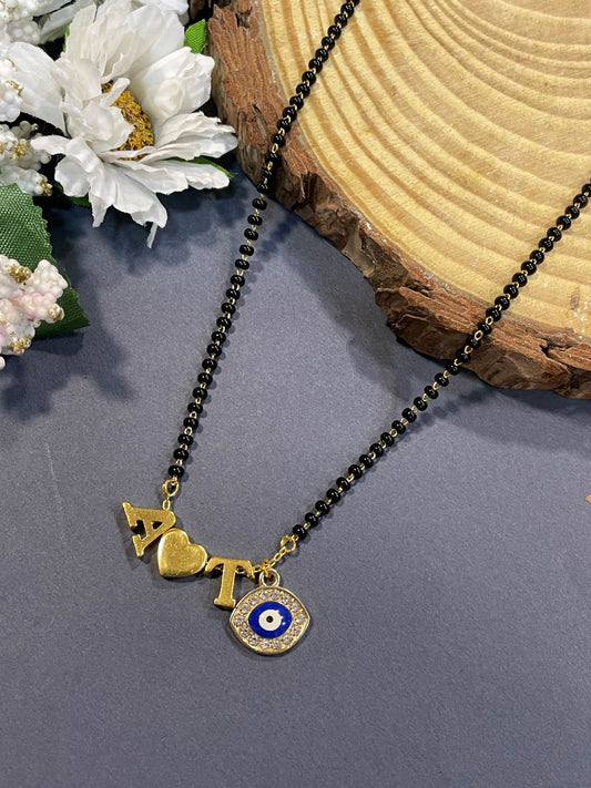 Custom 2 Initial Name Short Mangalsutra Necklace With Heart & Blue AD Evil Eye