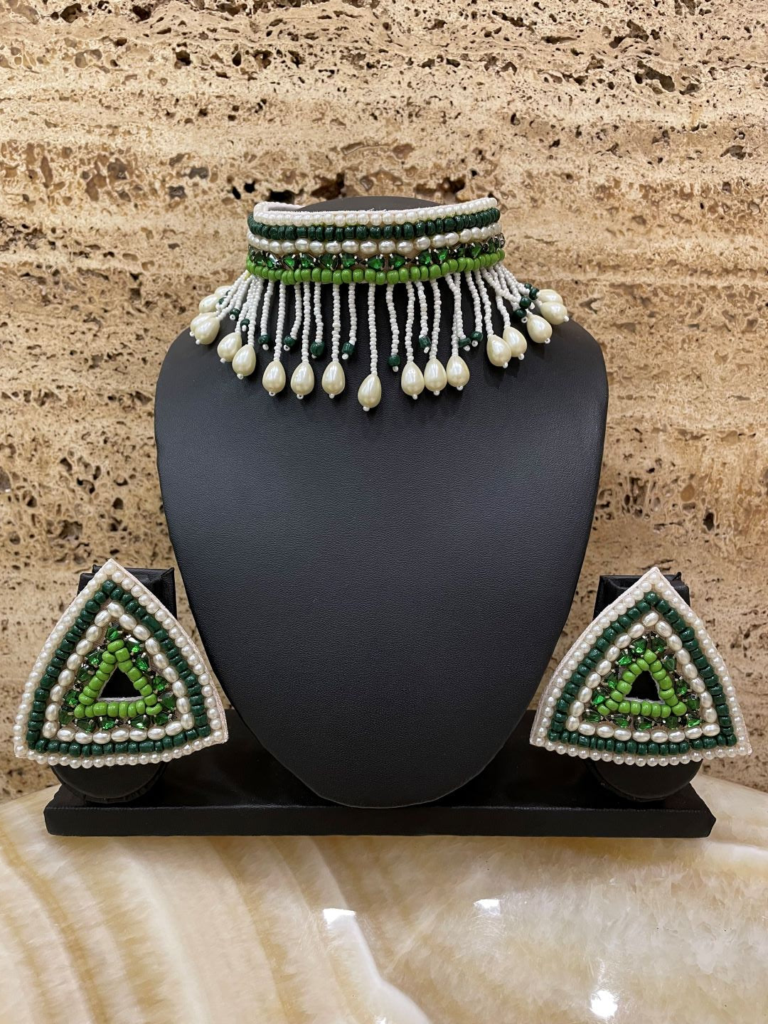 Green & White Beaded Choker Necklace & Earring Set