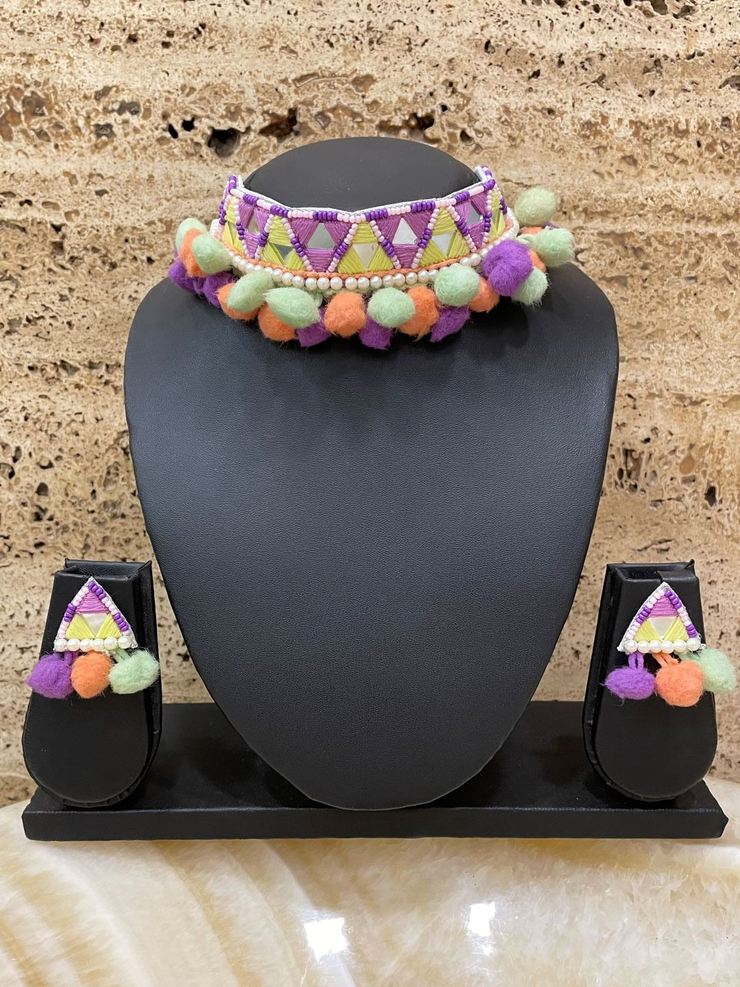 Pastel Multi color Embroidered Choker Necklace & Earring Set