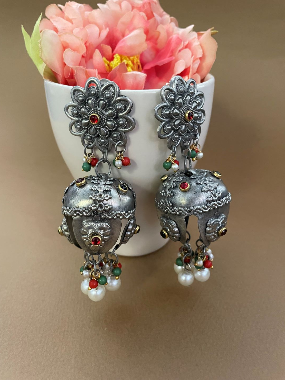 German Oxidized Silver Jhumka Earrings With Red/Green Stones and Pearls