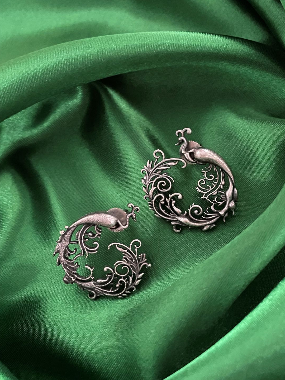 German Oxidized Silver Stud Earrings Peacock Design