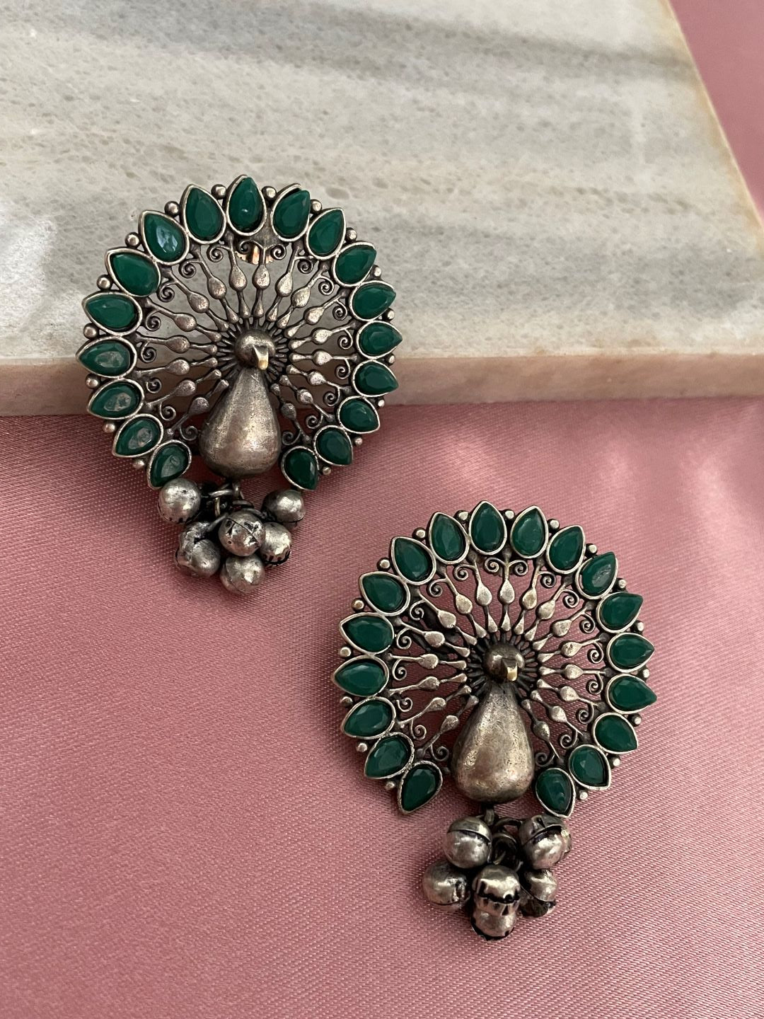 German Oxidized Silver Stud Earrings Peacock Design With Green Stones and Silver Bells