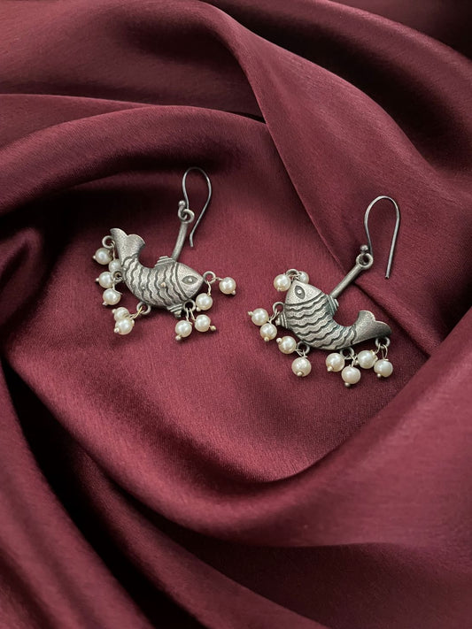 German Oxidized Silver Dangle Fish Earrings With Pearl